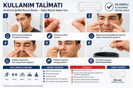 Anthrive CE Onaylı Ekstra Güçlü Su Geçirmez Şeffaf Burun Bandı – Spor, Uyku ve Günlük Kullanım İçin Nefes Desteği | 30 Adet (1 Aylık Kullanım)