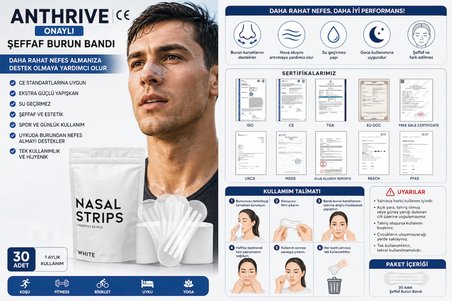 Anthrive CE Onaylı Ekstra Güçlü Su Geçirmez Şeffaf Burun Bandı – Spor, Uyku ve Günlük Kullanım İçin Nefes Desteği | 30 Adet (1 Aylık Kullanım)