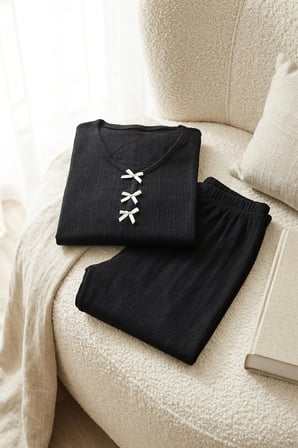 Kadın Bambu Viskon Transfer Ribana Kısa Kollu Düğmeli Pijama Takımı