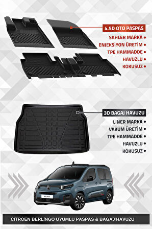 Sahler Citroen Berlingo 2019+ Uyumlu 4.5D Premium Havuzlu Oto Paspas Ve Liner Marka 3D Bagaj Havuzu 