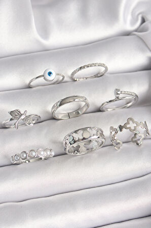 Pirinç Gümüş Renk Nazar Boncuk Detay İncili Kelebek İşlemeli Kadın Yüzük Seti