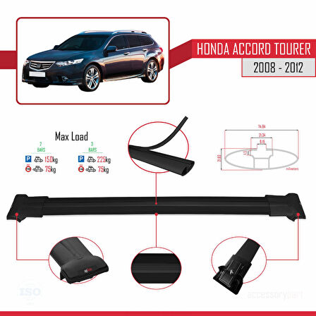 Honda Accord Tourer 2008-2012 Arası ile Uyumlu FLY Model Ara Atkı Tavan Barı Siyah 2 Adet