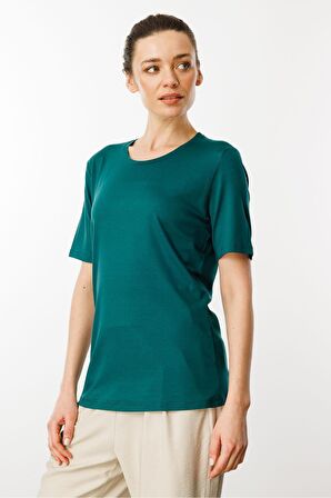 Kadın Sıfır Yaka Basic Penye T-shirt Yeşil