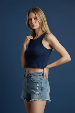 Kadın Kaşkorşe Bisiklet Yaka Lacivert Crop Atlet Tişört - 2001