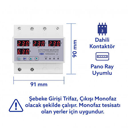 Tomzn Otomatik Faz Seçici ve Yüksek Alçak Voltaj Akım Koruma Rölesi 63A Dahili Kontaktör