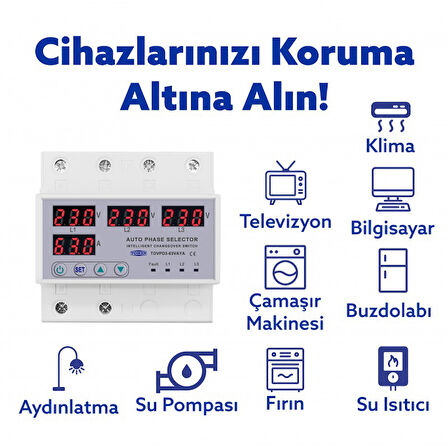 Tomzn Otomatik Faz Seçici ve Yüksek Alçak Voltaj Akım Koruma Rölesi 63A Dahili Kontaktör