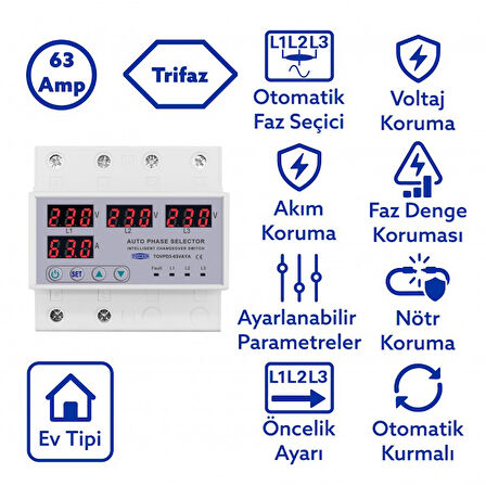 Tomzn Otomatik Faz Seçici ve Yüksek Alçak Voltaj Akım Koruma Rölesi 63A Dahili Kontaktör