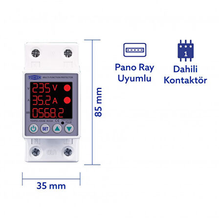 Tomzn Gerilim ve Akım Koruma Rölesi Yüksek Düşük Voltaj Akım Koruyucu 63A Enerji Ölçerli