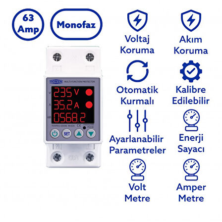 Tomzn Gerilim ve Akım Koruma Rölesi Yüksek Düşük Voltaj Akım Koruyucu 63A Enerji Ölçerli