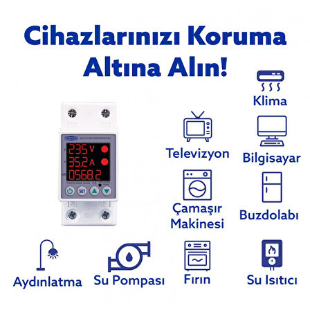 Tomzn Gerilim ve Akım Koruma Rölesi Yüksek Düşük Voltaj Akım Koruyucu 63A Enerji Ölçerli