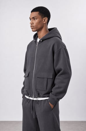 Erkek Cep Detaylı Panda Oversize Zip Füme