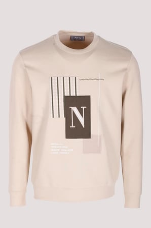 Erkek Sweatshirt Bej Relaxed Fit Double Face N Aplike Sargı Nakış Logo Detaylı Crewneck NCS JEANS 1649