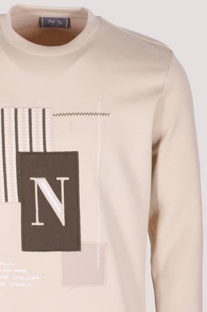 Erkek Sweatshirt Bej Relaxed Fit Double Face N Aplike Sargı Nakış Logo Detaylı Crewneck NCS JEANS 1649
