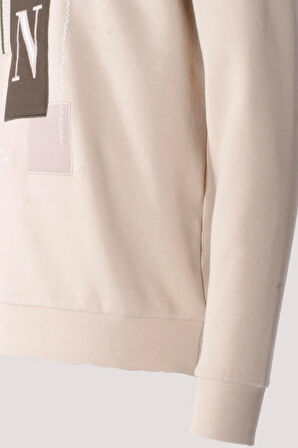 Erkek Sweatshirt Bej Relaxed Fit Double Face N Aplike Sargı Nakış Logo Detaylı Crewneck NCS JEANS 1649