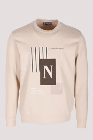 Erkek Sweatshirt Bej Relaxed Fit Double Face N Aplike Sargı Nakış Logo Detaylı Crewneck NCS JEANS 1649