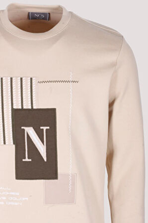 Erkek Sweatshirt Bej Relaxed Fit Double Face N Aplike Sargı Nakış Logo Detaylı Crewneck NCS JEANS 1649