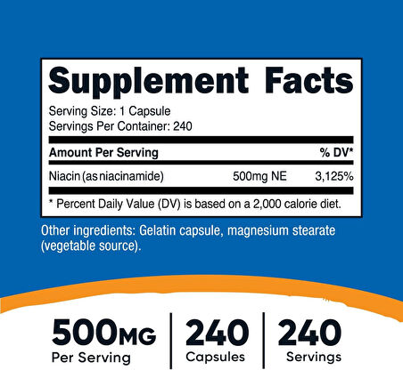 Nutricost Niacinamid (Vitamin B3) 500mg 240 Kapsül