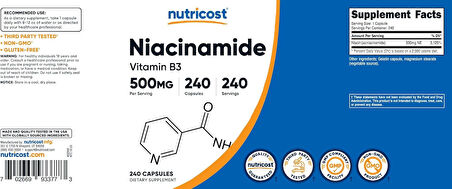 Nutricost Niacinamid (Vitamin B3) 500mg 240 Kapsül