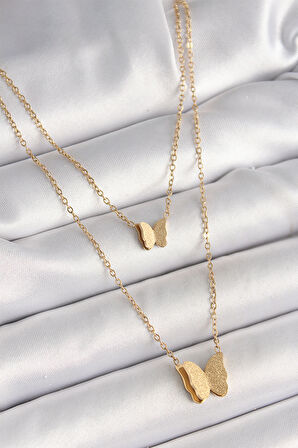 316L Çelik Gold Renk 2'Li Simli Kelebek Model Kadın Kolye