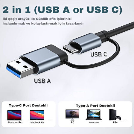 Coofbe 7in1 Usb Ve Type-C Girişli Usb Çoğaltıcı 7in1 USB 3.0 Çoğaltıcı Type-c To Usb Çevirici Akım Korumalı