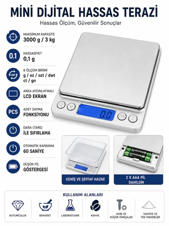 Dijital Hassas Mutfak Tartısı 3000 g Kapasiteli 0,1 g Hassasiyetli LCD Ekranlı 6 Ölçüm Birimli