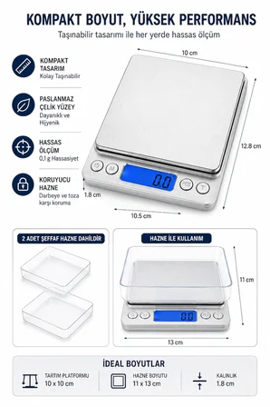 Dijital Hassas Mutfak Tartısı 3000 g Kapasiteli 0,1 g Hassasiyetli LCD Ekranlı 6 Ölçüm Birimli