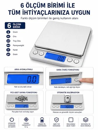 Dijital Hassas Mutfak Tartısı 3000 g Kapasiteli 0,1 g Hassasiyetli LCD Ekranlı 6 Ölçüm Birimli