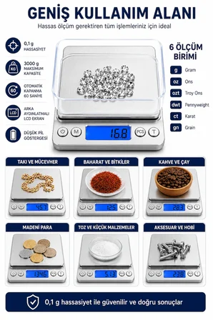 Dijital Hassas Mutfak Tartısı 3000 g Kapasiteli 0,1 g Hassasiyetli LCD Ekranlı 6 Ölçüm Birimli