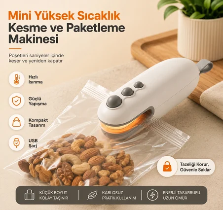 Taşınabilir Mini Poşet Kapatma ve Kesme Makinesi 2'si 1 Arada Type-C Şarjlı Isı ile Paketleme Cihazı