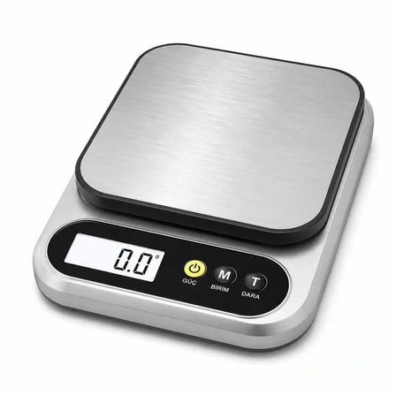 10 Kg Dijital Hassas Mutfak Tartısı - LCD Ekranlı, Paslanmaz Çelik Tartım Yüzeyi, Dara (Tare) Fonksiyonlu, Gram & Ons Ölçüm, 2x AAA Pilli