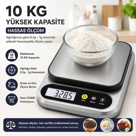 10 Kg Dijital Hassas Mutfak Tartısı - LCD Ekranlı, Paslanmaz Çelik Tartım Yüzeyi, Dara (Tare) Fonksiyonlu, Gram & Ons Ölçüm, 2x AAA Pilli