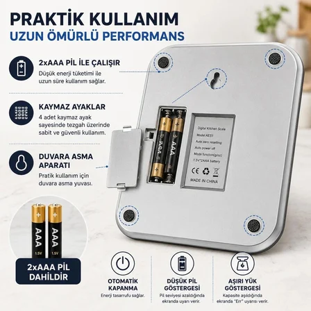 10 Kg Dijital Hassas Mutfak Tartısı - LCD Ekranlı, Paslanmaz Çelik Tartım Yüzeyi, Dara (Tare) Fonksiyonlu, Gram & Ons Ölçüm, 2x AAA Pilli