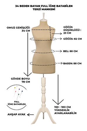 34 Beden İğne Batabilen Terzi Mankeni Prova Mankeni Sünger Manken