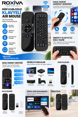 Mini Kablosuz Air Mouse Klavyeli Kumanda Android TV / Tv Box /Pc/Projektör uyumlu
