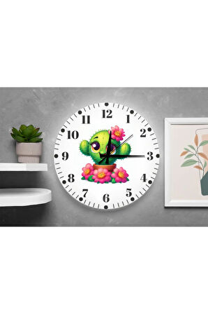 Kaktüs Desenli Duvar Saati – Çocuk Odası Dekoratif Sessiz Mekanizma 40 cm