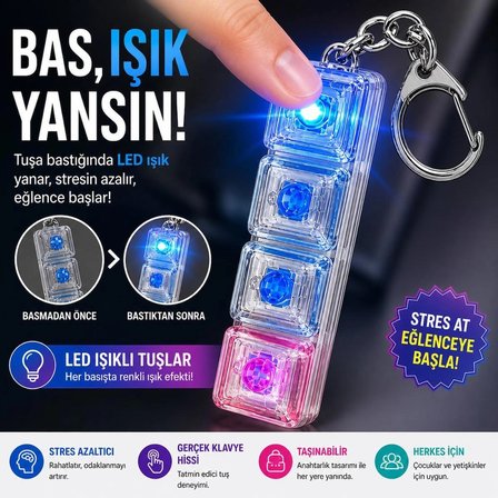 Işıklı Stres Klavyesi Anahtarlık LED Fidget Oyuncak – Basınca Yanan, Ritmik Işık Modlu Mini Klavye