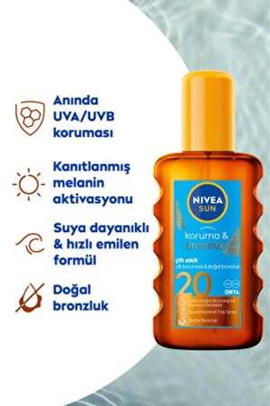 Nivea Sun Güneş Koruyucu Ve Bronzlaştırıcı Vücut Yağı 200ml, Spf20, Uva Uvb Koruması, Doğal Bronzluk