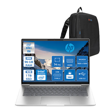 Hp Elitebook 640 G11 Intel Core Ultra 5 125U Ddr5 96GB 1tb SSD Intel® Aı Boost 14" Wuxga IPS 400NITS Freedos Taşınabilir Bilgisayar B2PK3ESF30 + Zetta Çanta
