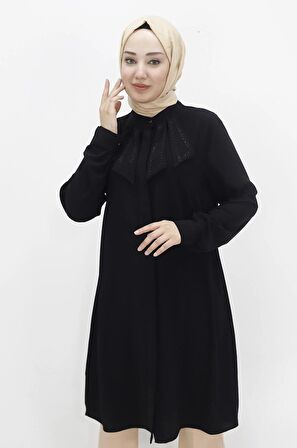 Kristal Kumaş Yakası Taşlı Tesettür Tunik