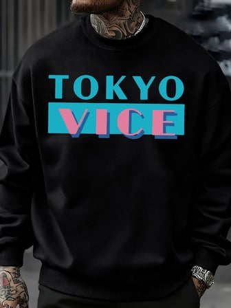 Tokyo Vice Büyük Harfli Baskılı Sweatshirt Erkek Polar Bol Moda Sokak Giyim O-Yaka Sonbahar K