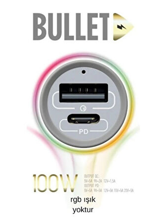 Bullet 100W Araç Çakmaklık Şarj Cihazı Type-C ve Usb Çıkışlı Profesyonel Turbo Hızlı Şarj