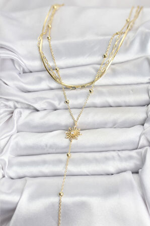 Pirinç Gold Renk Zirkon Taşlı Model Detaylı 3'lü Kombin Y Kadın Kolye