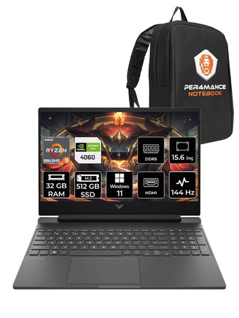 HP Victus 15 R9 8945HS 32GB RAM 512GB SSD RTX4060/8GB 144Hz 15.6'' FHD W11P Gaming Laptop & PER4 ÇAN