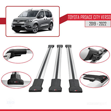 Toyota Proace City Verso 2019-2022 Arası ile Uyumlu FLY Model Ara Atkı Tavan Barı Gri 3 Adet