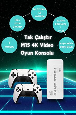 M15 Taşınabilir 4K 2.4G Kablosuz Çift Kol 20000 Klasik Oyunlu Oyun Konsolu Game Stick Retro Ps5 Ps4