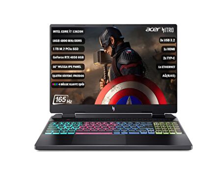 ACER Nitro16 i7-13620H 16 GB 1TB SSD RTX4050-6 GB 16'' FHD IPS 165Hz NVIDIA G-SYNC FDOS NH.QJMEY.007