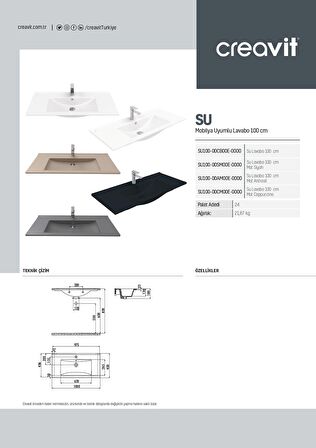 Creavit Su 45x100 cm Etajerli Dolap Mobilya Uyumlu Lavabo SU100