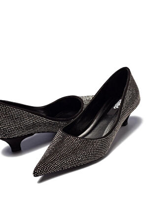 Taşlı Siyah Kadın Stiletto Abiye Taş İşlemeli Sivri Burun Kapalı Kısa Topuklu Ayakkabı 166