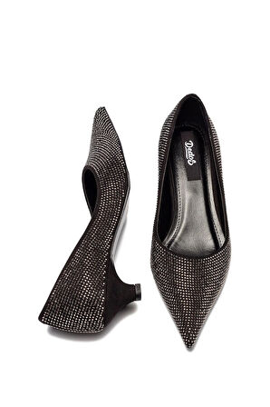 Taşlı Siyah Kadın Stiletto Abiye Taş İşlemeli Sivri Burun Kapalı Kısa Topuklu Ayakkabı 166