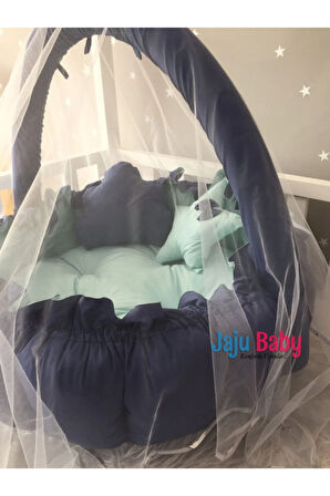 Nest Lacivert - Mint Lüx Oyun Minderi Jaju-babynest Cibinlik Tül Oyuncak Aparat Set